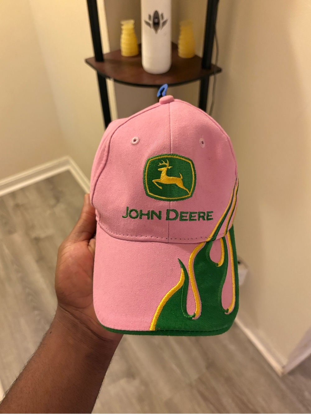 John Deere Pink Cap with Green & Yellow Flame Design